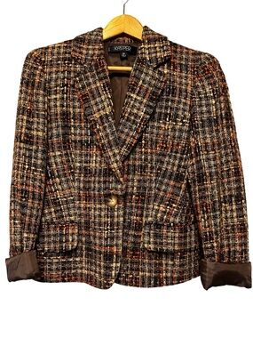 Kasper Tweed Blazer Jacket Brown Orange Plaid Career Chic Structured Size 8P